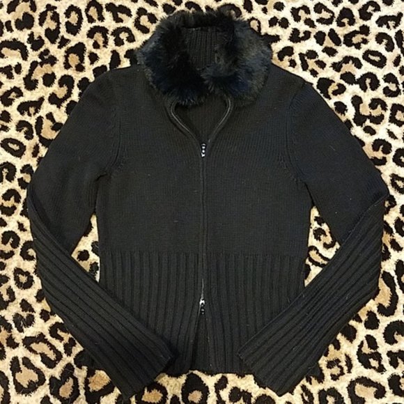 Elie Tahari Faux Fur Collar Sweater Jacket - Picture 1 of 3